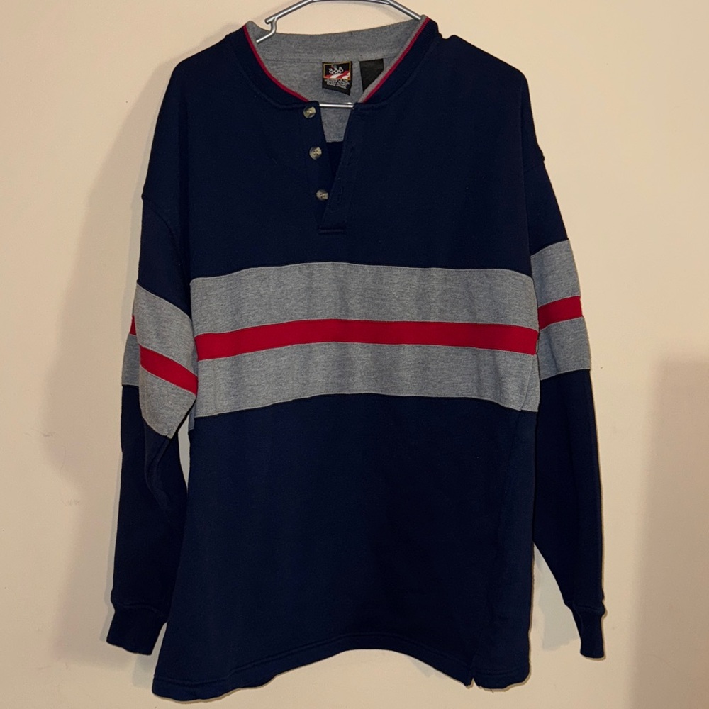 USA Olympics L VTG Henley Navy and Gray Striped Long Sleeve Sweater